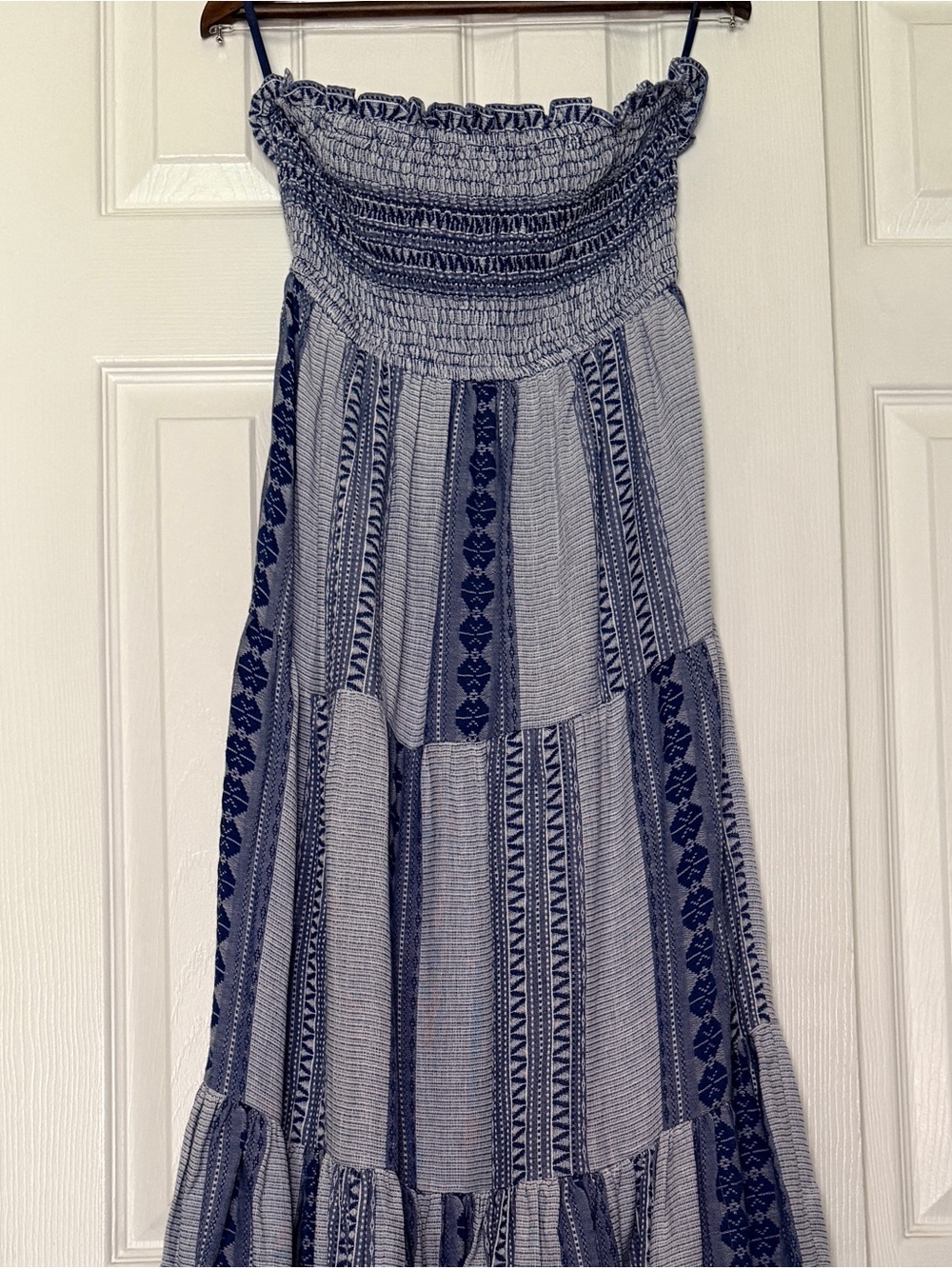 Veronica Beard McKinney Strapless Blue & White Cotton Smocked Maxi Dress